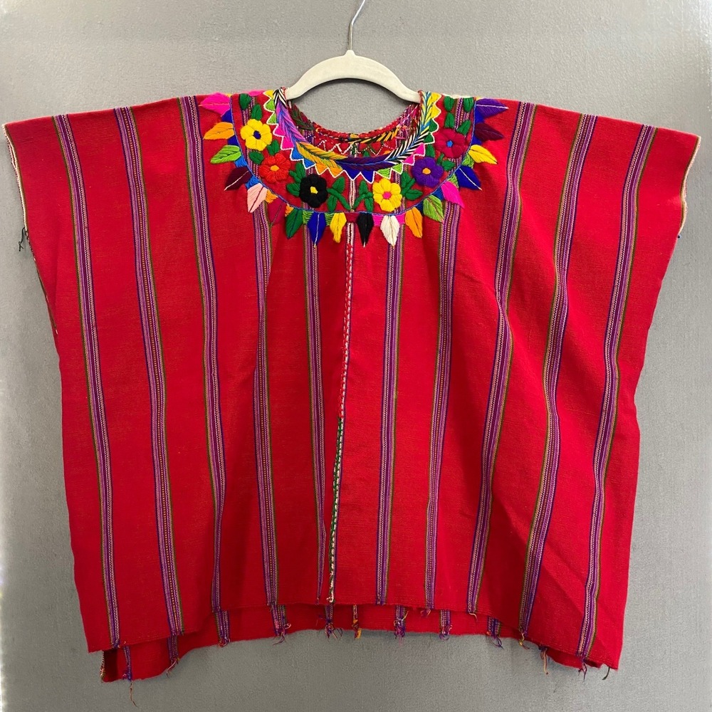 Vintage Red Floral Embroidered Handmade Huipil Top Striped Boho Blouse Women